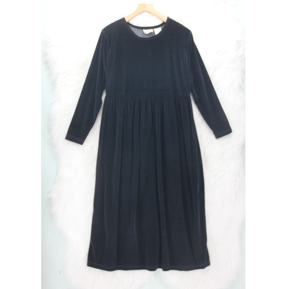 Erika & Co Vintage Black Velour Maxi Long Dress Long Sleeve Size L Goth Peasant
